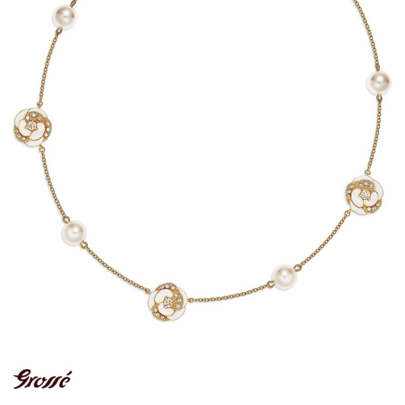Grossé Collier - Blanc Camelia - Goldfarbe - Perle - 6 mm - Creme - Kristalle - Vergoldet - 38+5 cm - GJ24689