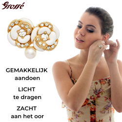 Grossé Oorsteker - Blanc Camelia - Goudkleurig - Parel - Crème - Kristallen - Verguld - Bloem - 18x22 mm