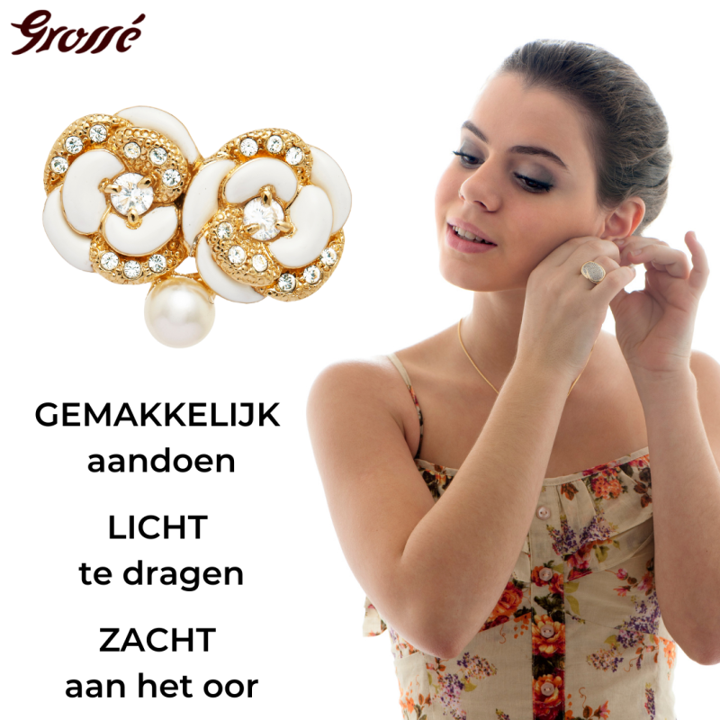 Grossé Oorsteker - Blanc Camelia - Goudkleurig - Parel - Crème - Kristallen - Verguld - Bloem - 18x22 mm