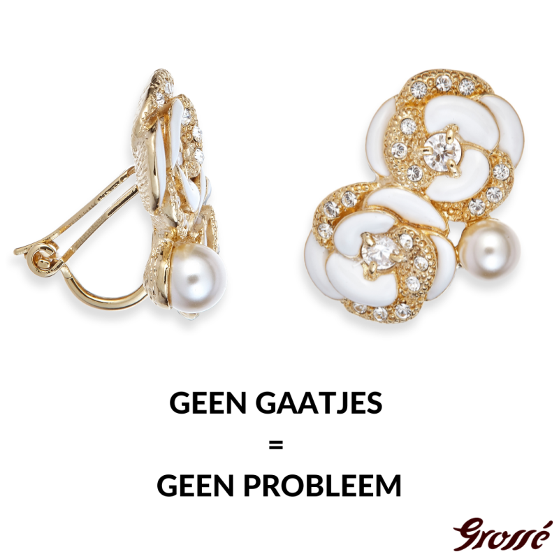 Grossé Oorclips - Blanc Camelia - Goudkleurig - Parel - Crème - Kristallen - Verguld - Bloem - 18 x 22 mm
