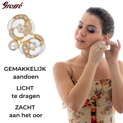Grossé Oorclips - Blanc Camelia - Goudkleurig - Parel - Crème - Kristallen - Verguld - Bloem - 18 x 22 mm