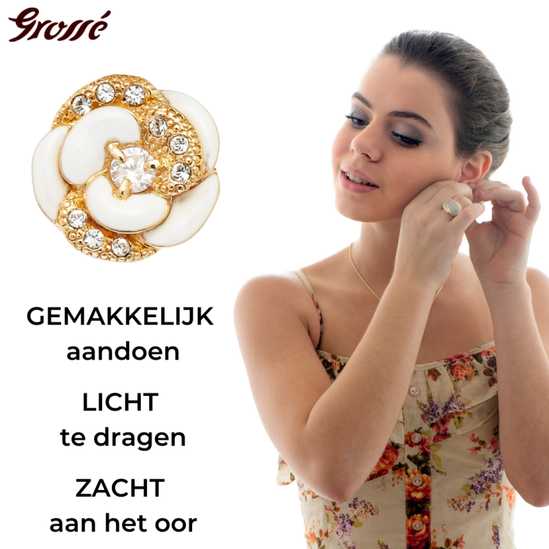 Grossé Oorstekers - Blanc Camelia - Goudkleurig - Kristallen - Verguld - Bloem - 13 mm