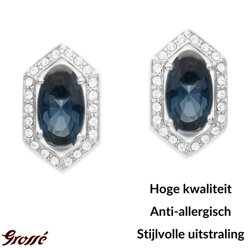 Grossé Oorsteker - Jelly Beans - Zilverkleurig - Kristal - Blauw - Geplatineerd - 15x9 mm