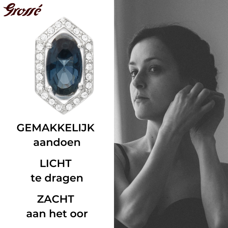 Grossé Oorclips - Jelly Beans - Zilverkleurig - Kristal - Blauw - Geplatineerd - 15x9 mm