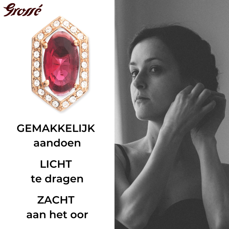 Grossé Oorclips - Jelly Beans - Goudkleurig - Kristal - Rood - Verguld - 15x9 mm