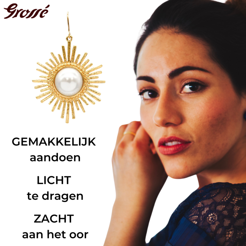 Grossé Oorhangers - Future Floral - Goudkleurig - Parel - Wit - Verguld - 47x30 mm