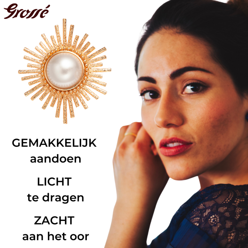 Grossé Oorclips - Future Floral - Goudkleurig - Parels - Wit - Verguld - 35x30 mm - GJ64781