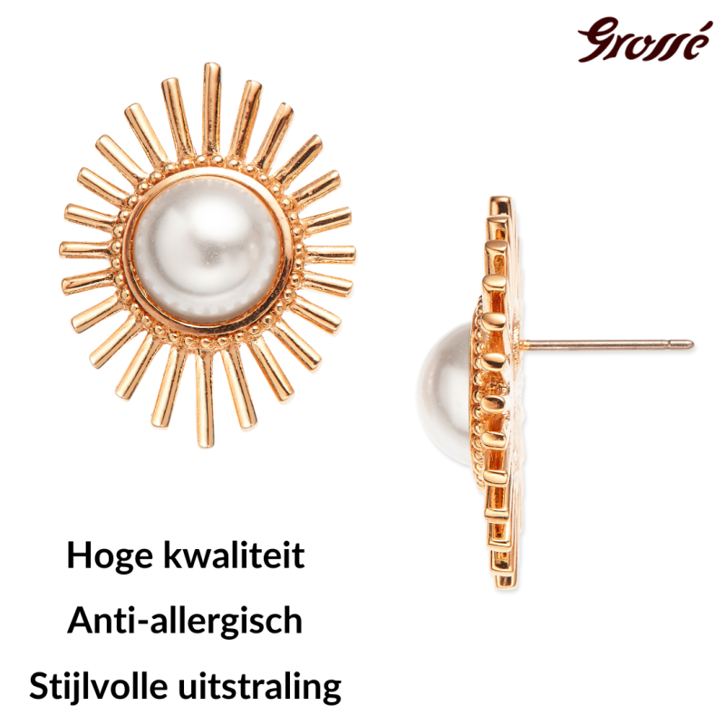 Grossé Oorsteker - Future Floral - Goudkleurig - Parel - Wit - Verguld - 25x20 mm