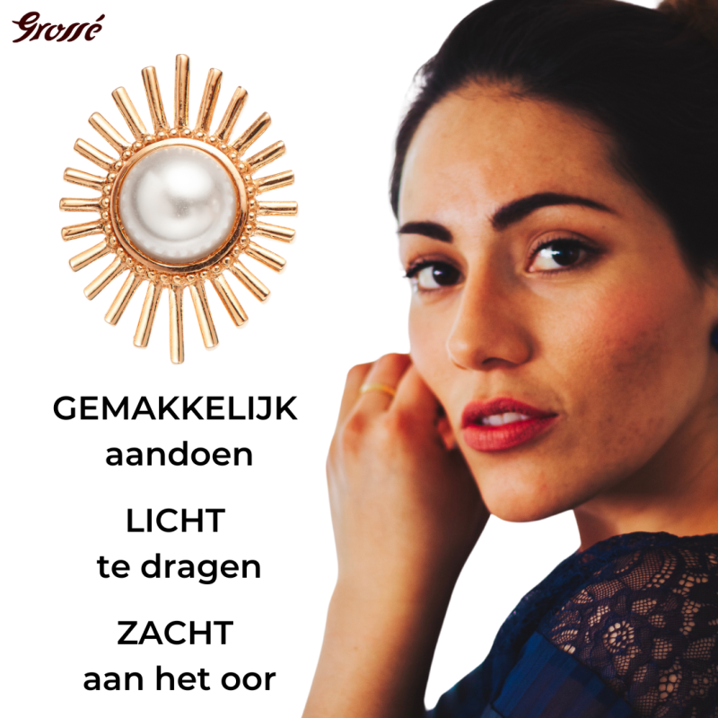 Grossé Oorsteker - Future Floral - Goudkleurig - Parel - Wit - Verguld - 25x20 mm