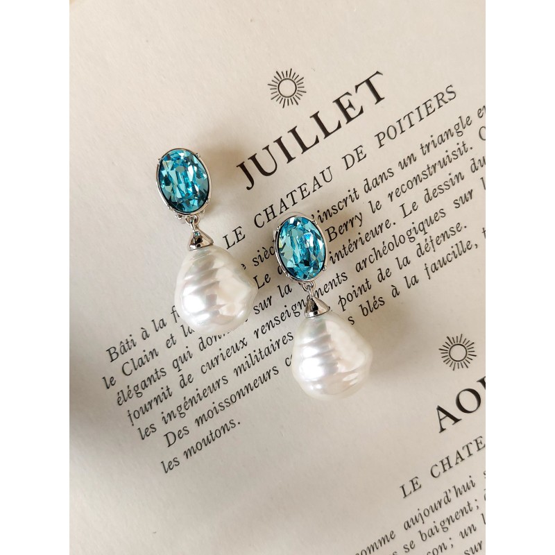 Traveller Ohrclips - Hänger - Silberfarbe - Barock Perle -20x17mm- Weiss - Kristalle - Blau - Platiniert -42x17mm