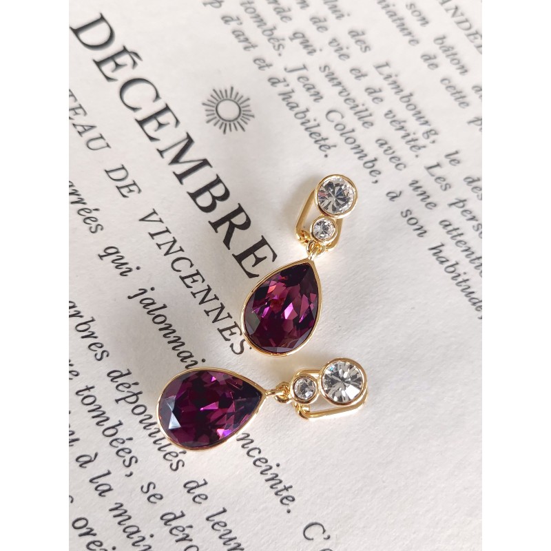 Traveller Clip Oorbellen - Hangers - Verguld - Kristallen - Amethist - 30x10 mm - 157535