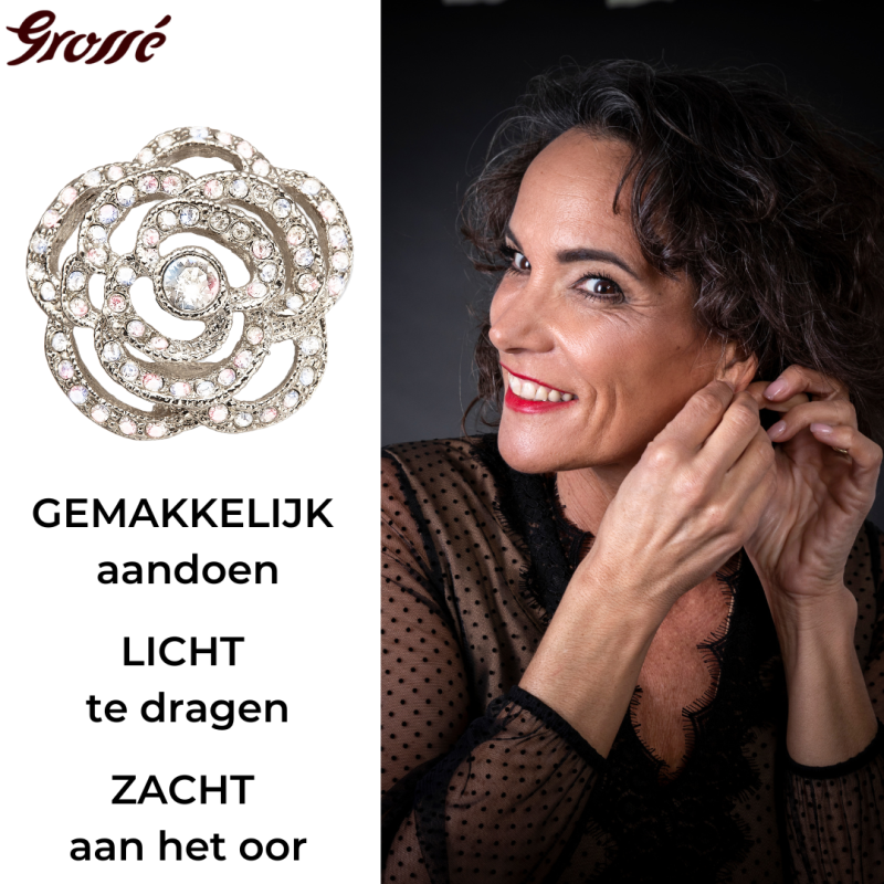 Grossé Oorclips - Parfum Rose - Zilverkleurig - Kristallen - Geplatineerd - 18 mm - Bloem - GJ64490P