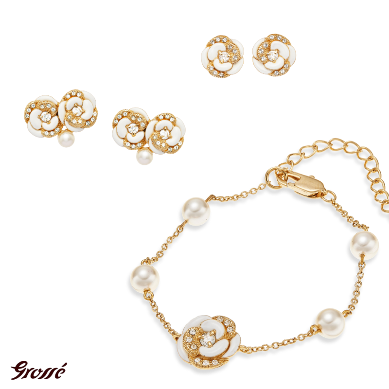Grossé Collier - Blanc Camelia - Goldfabe - Perle - Creme - Kristalle - Vergoldet - 38+5 cm - GJ24687