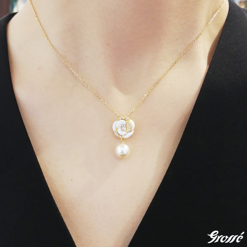 Grossé Ketting - Blanc Camelia - Goudkleurig - Parel - Crème - Kristallen - Verguld - 38+5 cm - GJ24687 
