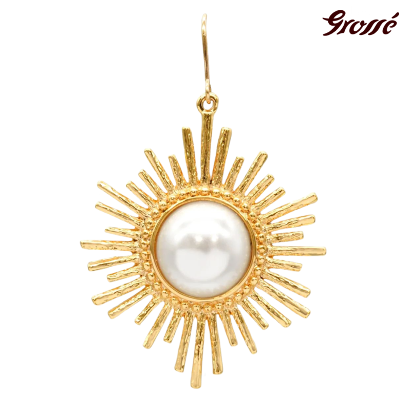 Grossé Drop Eaarings - Future Floral - Gold Coloured - Pearl - White - Gold Plated - 47x30 mm