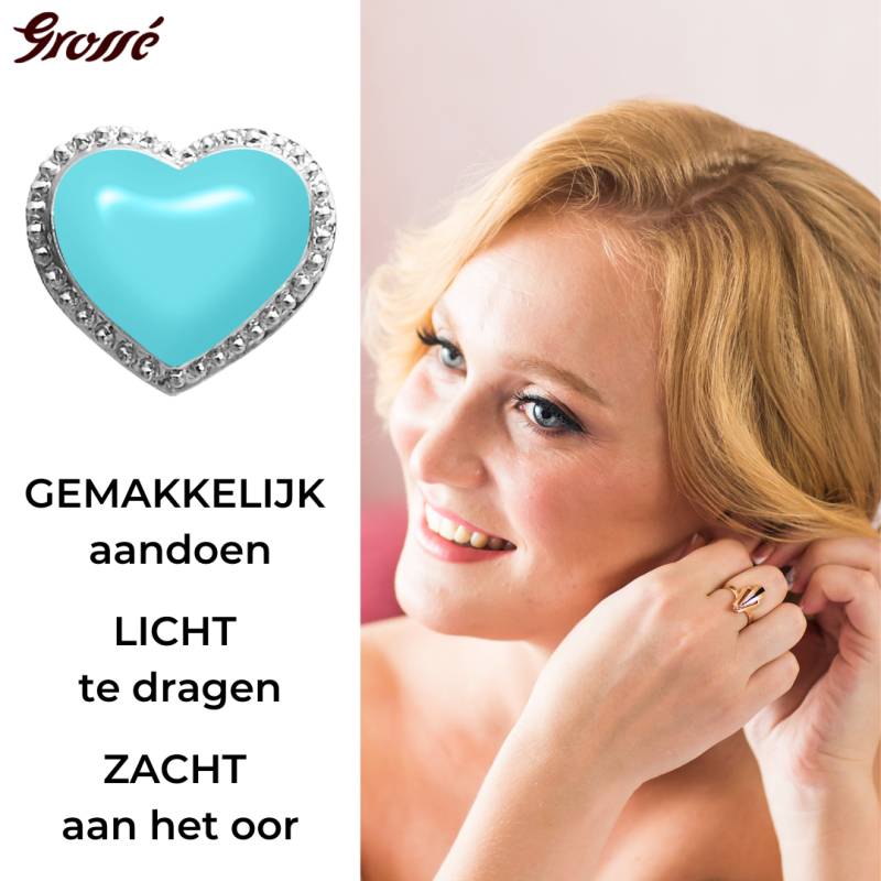 Grossé Oorclips - Pop Heart - Zilverkleurig - Emaille - Licht Blauw - Geplatineerd - 8x7 mm
