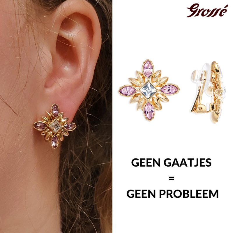 Grossé Oorclips - Athene - Goudkleurig - Rhinestone - Roze - 20x20 mm - Verguld - GA61452