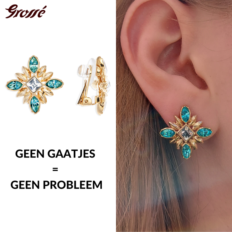 Grossé Oorclips - Athene - Goudkleurig - Rhinestone - Turquoise - 20x20 mm - Verguld - GA61453