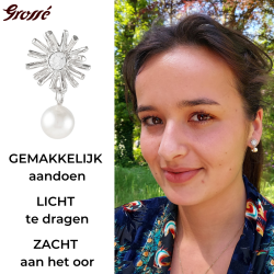 Grossé Oorclips - Hangend - Zilverkleurig - Parel - Wit - Kristal - 20x10 mm - Geplatineerd