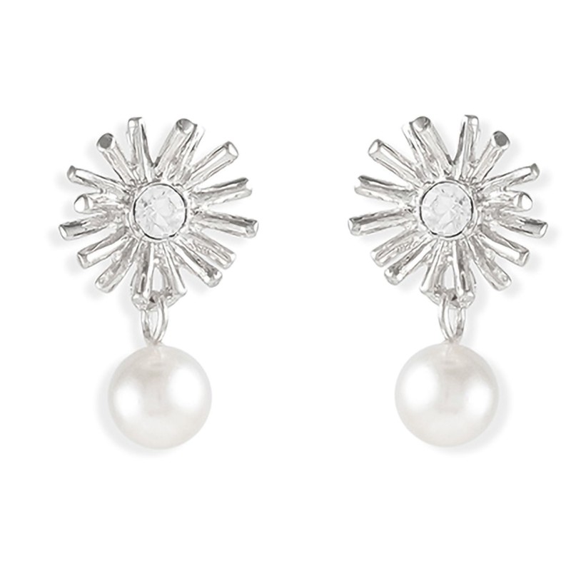 Grossé Clip-on Earrings - Pendants - Silver Coloured - Pearl - White - Crystals - 20x10 mm - Platinum Plated