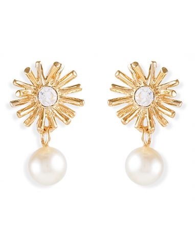 Grossé Clip-on Earrings - Pendants - Gold Coloured - Pearl - White - Crystal - 20x10 mm - Gold Plated