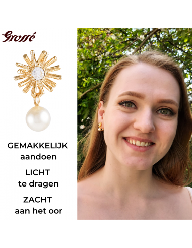 Grossé Oorclips - Hangend - Goudkleurig - Parel - Wit - Kristal - 20x10 mm - Verguld - GJ64269