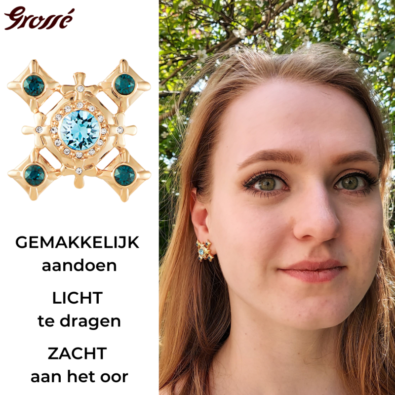 Grossé Oorclips - Dynasty - Goudkleurig - Kristal - Blauw - 20x20 mm - Verguld - GJ64325