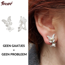 Grossé Oorclips - Vlinder - Zilverkleurig - Parel - Wit - Kristal - 18x13 mm - Geplatineerd