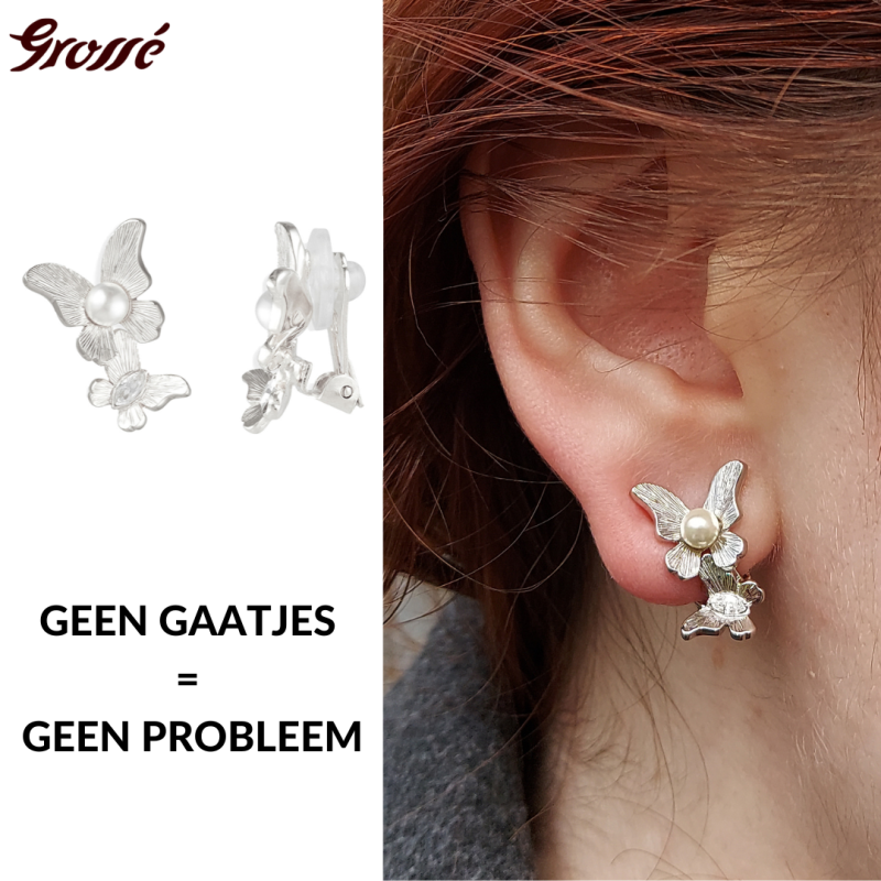 Grossé Oorclips - Vlinder - Zilverkleurig - Parel - Wit - Kristal - 18x13 mm - Geplatineerd - GA61505P