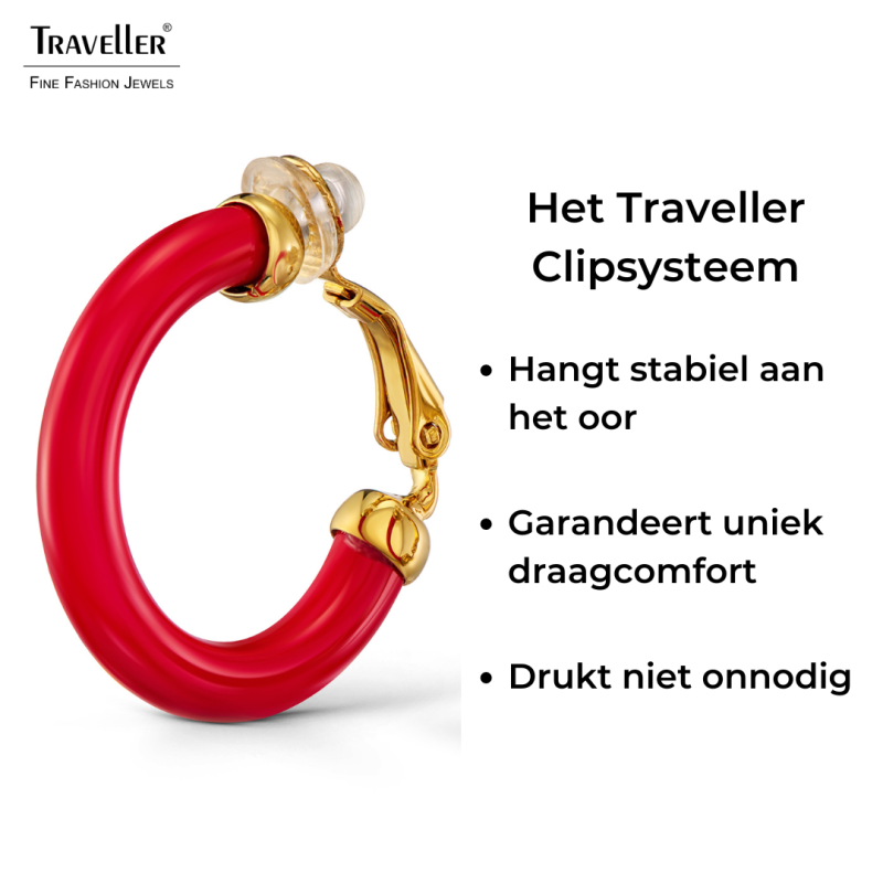 Traveller Clip Oorbellen - Oorringen - Verguld 22ct - Rood Resin - 25 mm - 157716