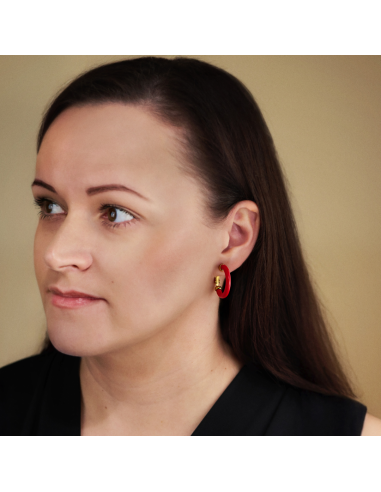 Traveller Clip-on Earrings - Hoop Earrings - Gold Plated 22ct - Red Resin - 25 mm - 157716