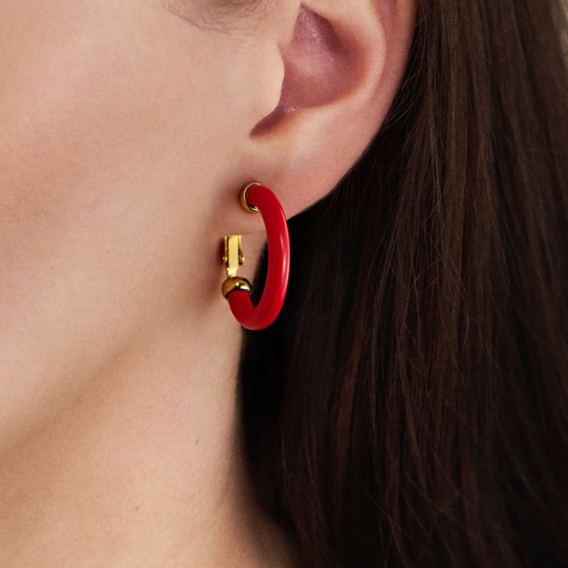 Traveller Clip-on Earrings - Hoop Earrings - Gold Plated 22ct - Red Resin - 25 mm