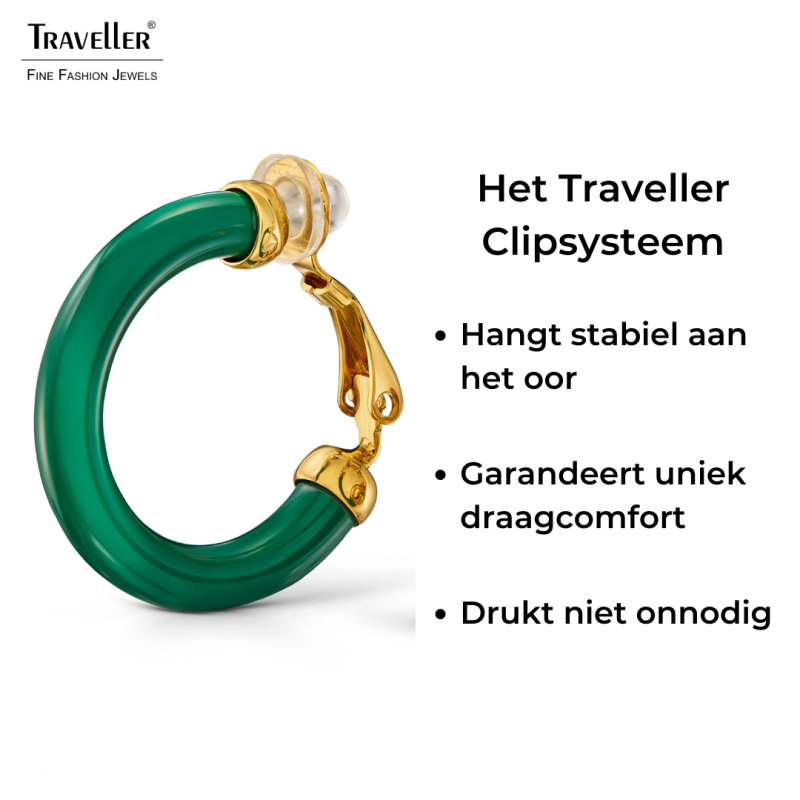 Traveller Clip Oorbellen - Oorringen - Verguld 22ct - Groen Resin - 25 mm - 157717