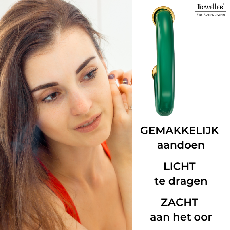Traveller Clip Oorbellen - Oorringen - Verguld 22ct - Groen Resin - 25x4 mm