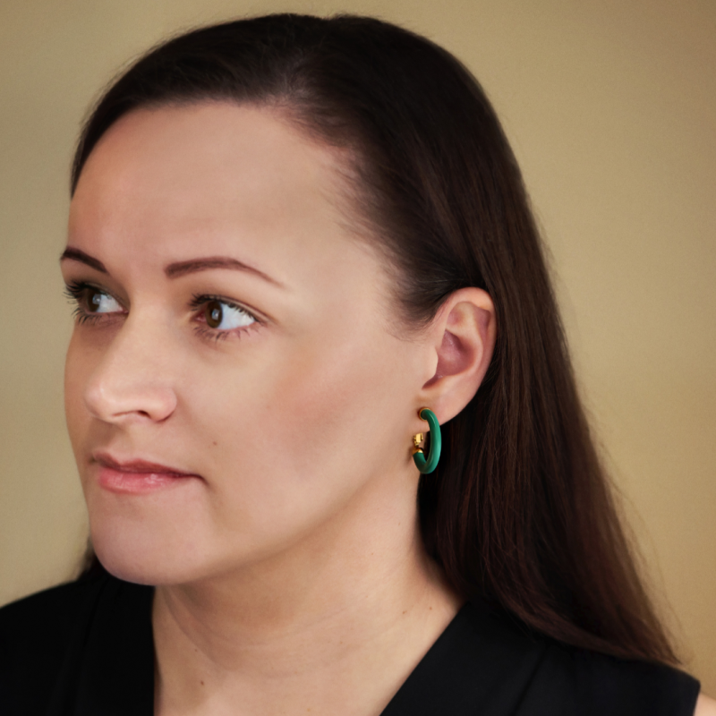 Traveller Clip-on Earrings - Hoop Earrings - Gold Plated 22ct - Green Resin - 25 mm