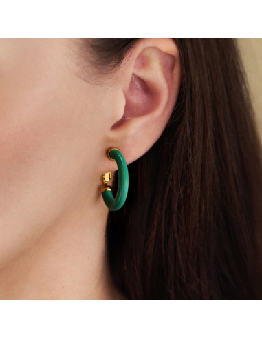Traveller Clip-on Earrings - Hoop Earrings - Gold Plated 22ct - Green Resin - 25 mm