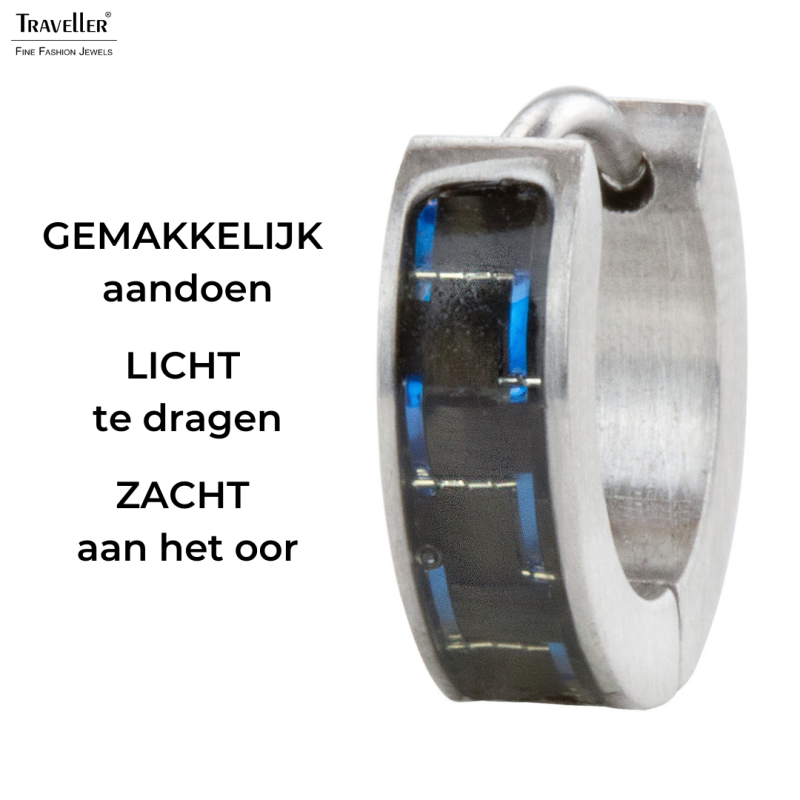 Traveller Oorringen - Heren - Zilverkleurig - Edelstaal - Zwart Carbon - Blauw - Ø 14 mm - 14x4 mm - 180954 