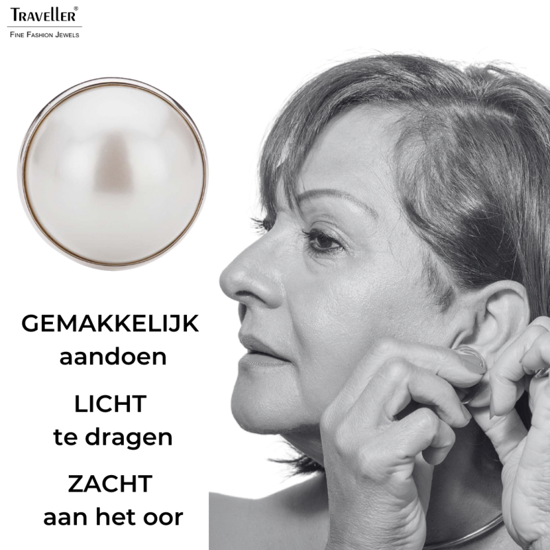 Traveller Clip Oorbellen - Geplatineerd - Parel - 20 mm - Wit - Zilverkleurig - 194297