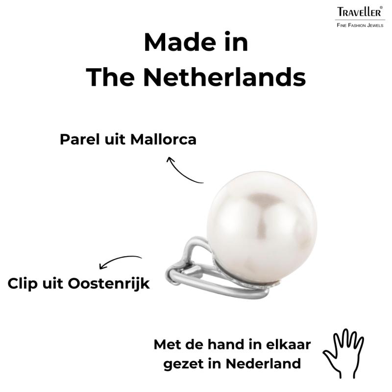 Traveller Clip Oorbellen - Parels - 14 mm - Wit - Geplatineerd - Zilverkleurig