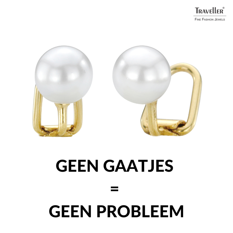 Traveller Clip Oorbellen - Parels - 8 mm - Wit - 22kt Verguld