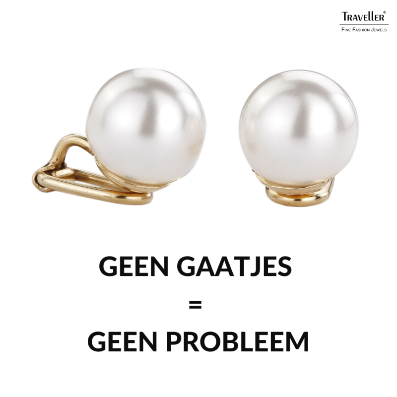 Traveller Clip Oorbellen- Parels - 12 mm - Wit - 22kt Verguld