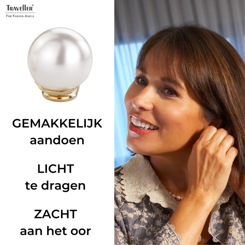 Traveller Clip Oorbellen- Parels - 12 mm - Wit - 22kt Verguld - 700012