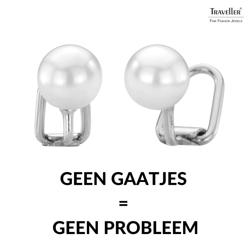 Traveller Clip Oorbellen - Parels - 8 mm - Wit - Geplatineerd - Zilverkleurig