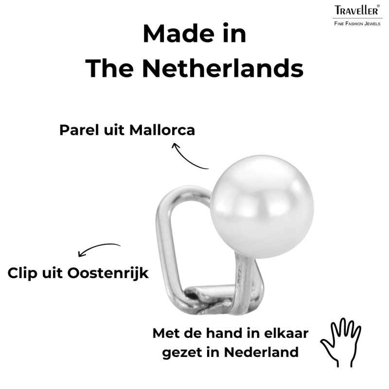 Traveller Clip Oorbellen - Parels - 8 mm - Wit - Geplatineerd - Zilverkleurig