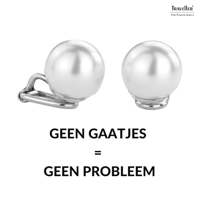 Traveller Clip Oorbellen - Parels - 12 mm - Wit - Geplatineerd - Zilverkleurig - 700112