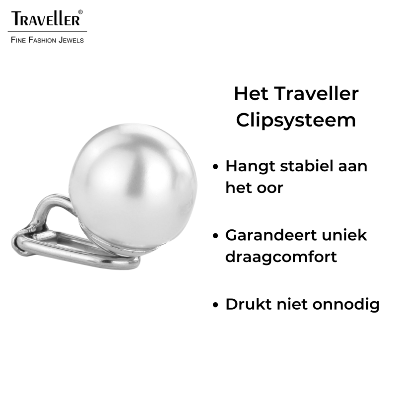 Traveller Clip Oorbellen - Parels - 12 mm - Wit - Geplatineerd - Zilverkleurig
