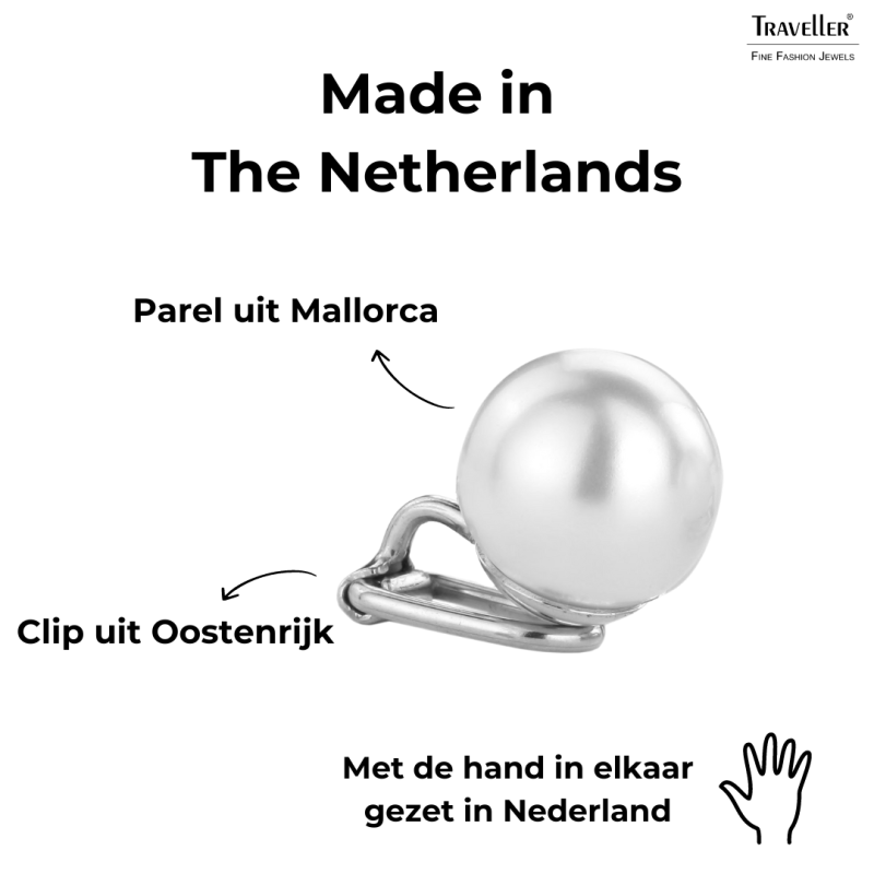 Traveller Clip Oorbellen - Parels - 12 mm - Wit - Geplatineerd - Zilverkleurig