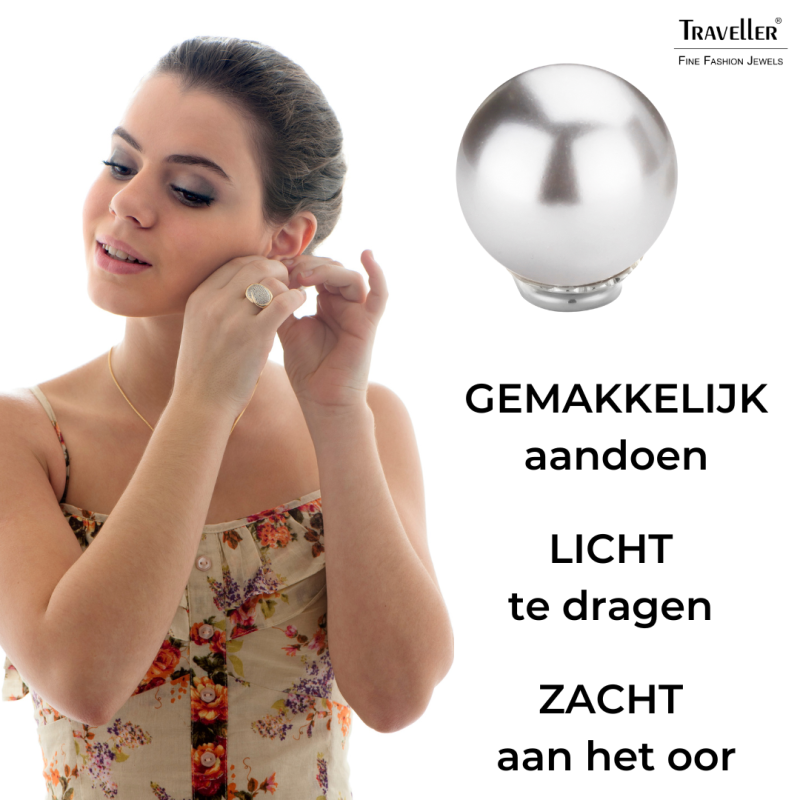 Traveller Clip Oorbellen - Zilverkleurig - Parels - 14 mm - Grijs - Geplatineerd - 710114