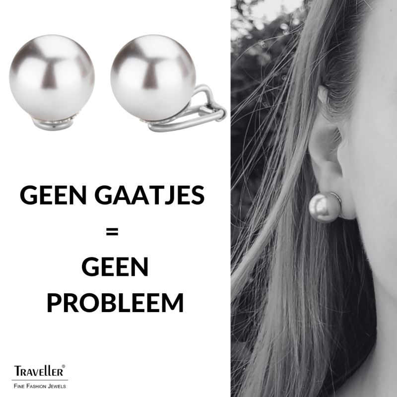 Traveller Clip Oorbellen - Zilverkleurig - Parels - 14 mm - Grijs - Geplatineerd