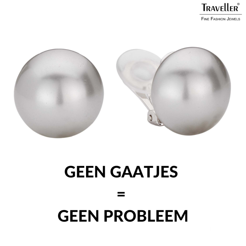 Traveller Clip Oorbellen - Parels - 16 mm - Lichtgrijs - Gerhodineerd - Zilverkleurig - Halve Parel - 710216